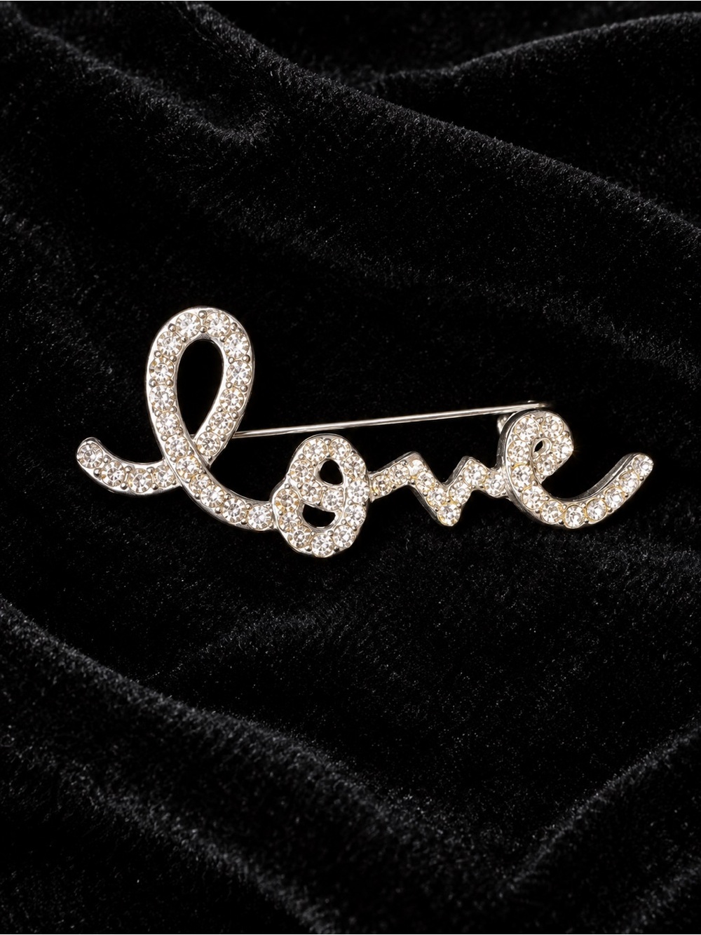 Silver Crystal 'Love' Script Brooch
